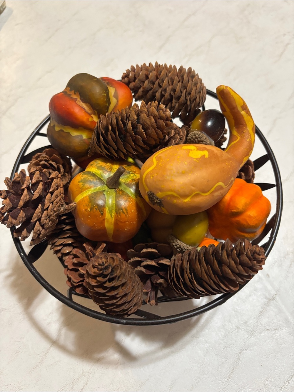 Autumn Gourds & Pinecone Bowl Centerpiece - Orange and Brown